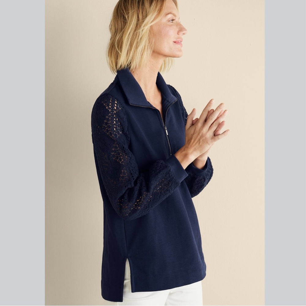 Soft Surroundings Crochet Sleeve French Terry Tunic in Navy Blue, Size M